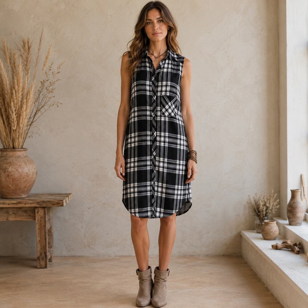 Rails Black White Plaid Soft Flannel Split Sides Duster Large